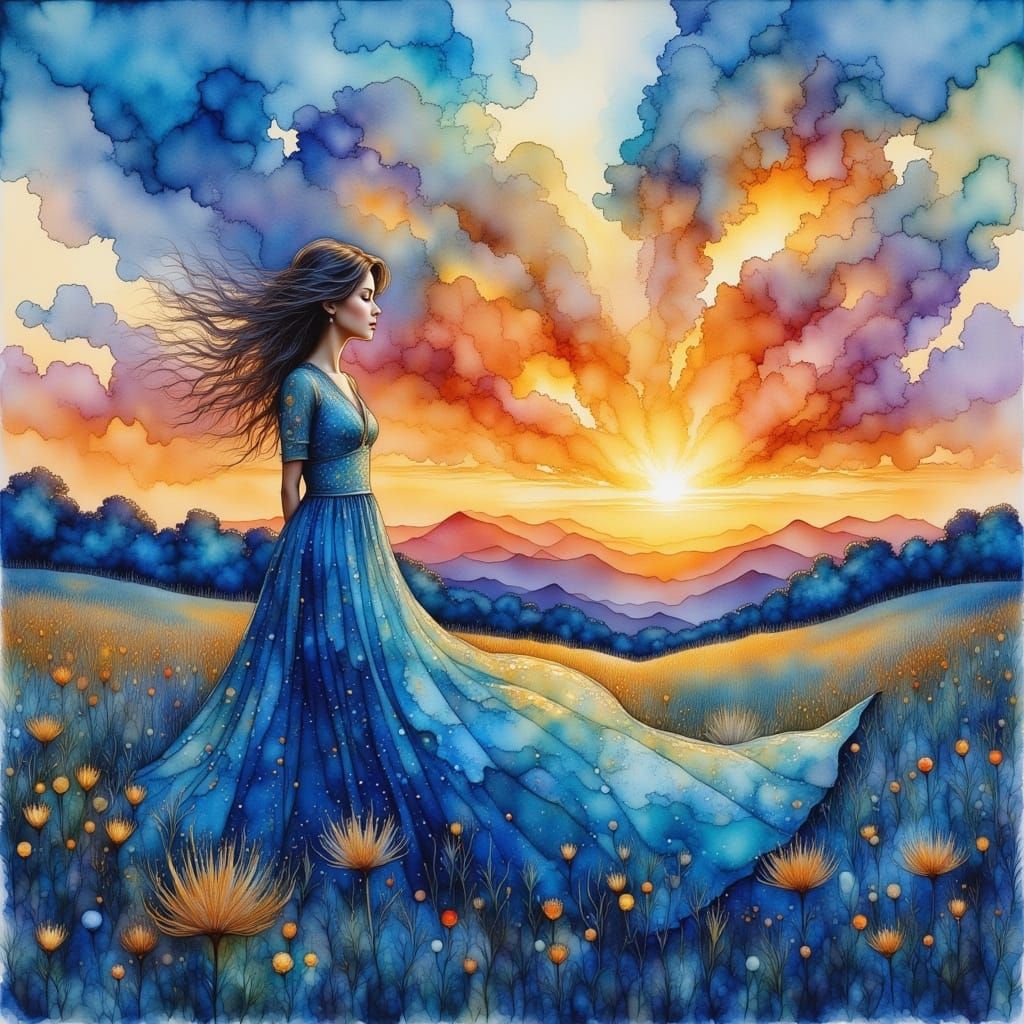 Blue and Gold Sunset Watercolor of Lady in Field
