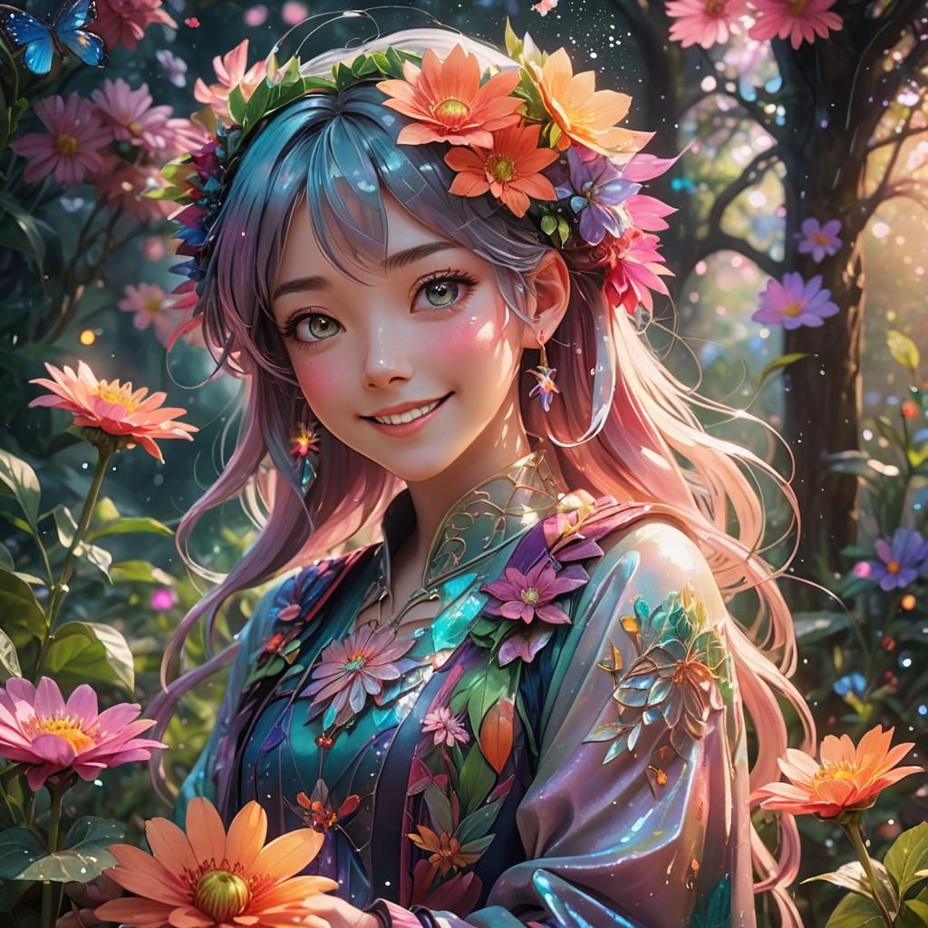 Anime Girl with Glowing Flower in Dream Garden