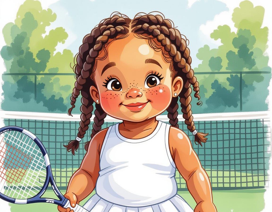 Delighted Girl on Tennis Court, Watercolor Style