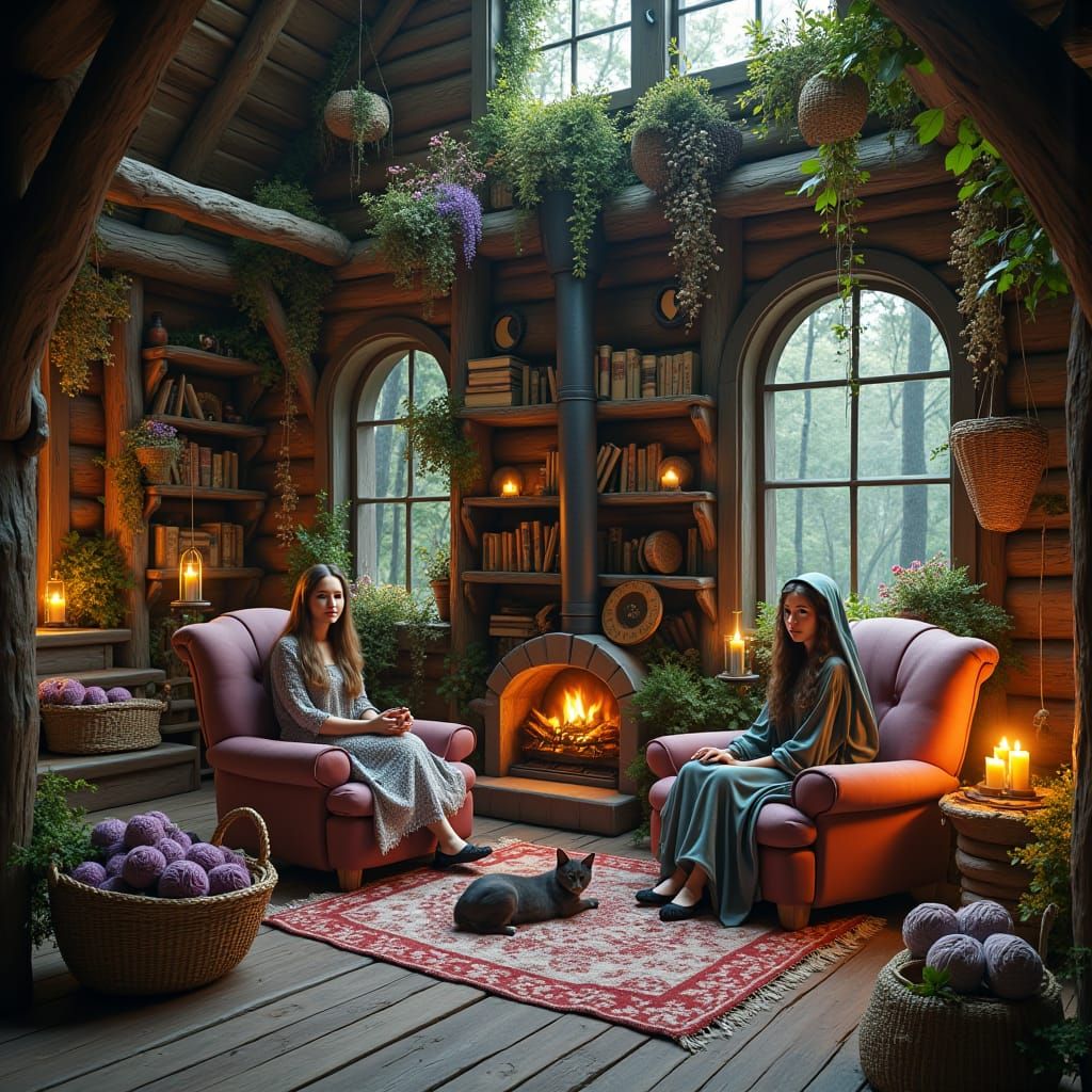 Magical Cabin Interior with Witches and Cats
