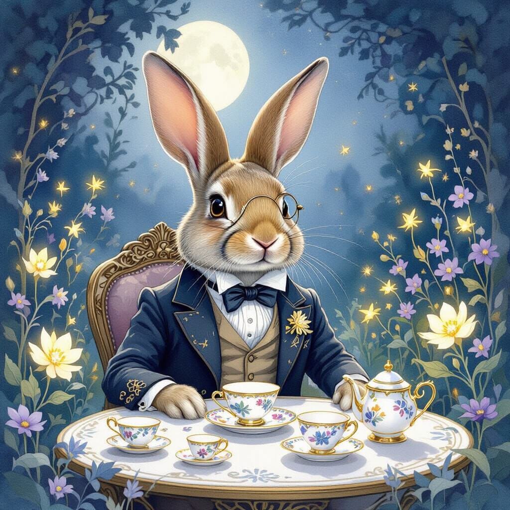 Regal Rabbit in Moonlit Garden, Art Nouveau Style