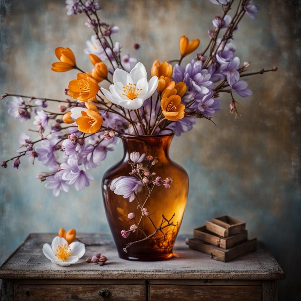 Bouquet of flowers in a reused amber glass vase on a negative, winter plum blossoms and crocus , Fujifilm color positive...