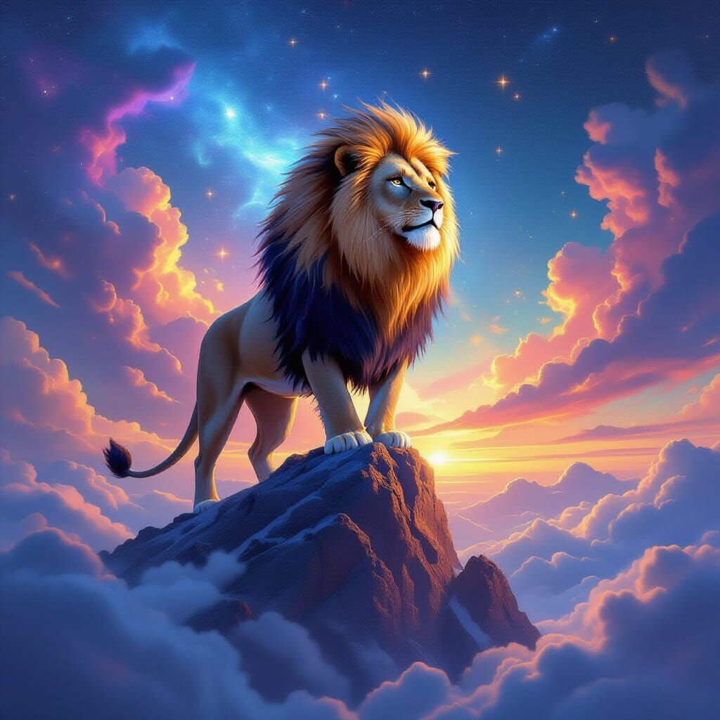 Cosmic Lion on Floating Mountain in Hyperrealism