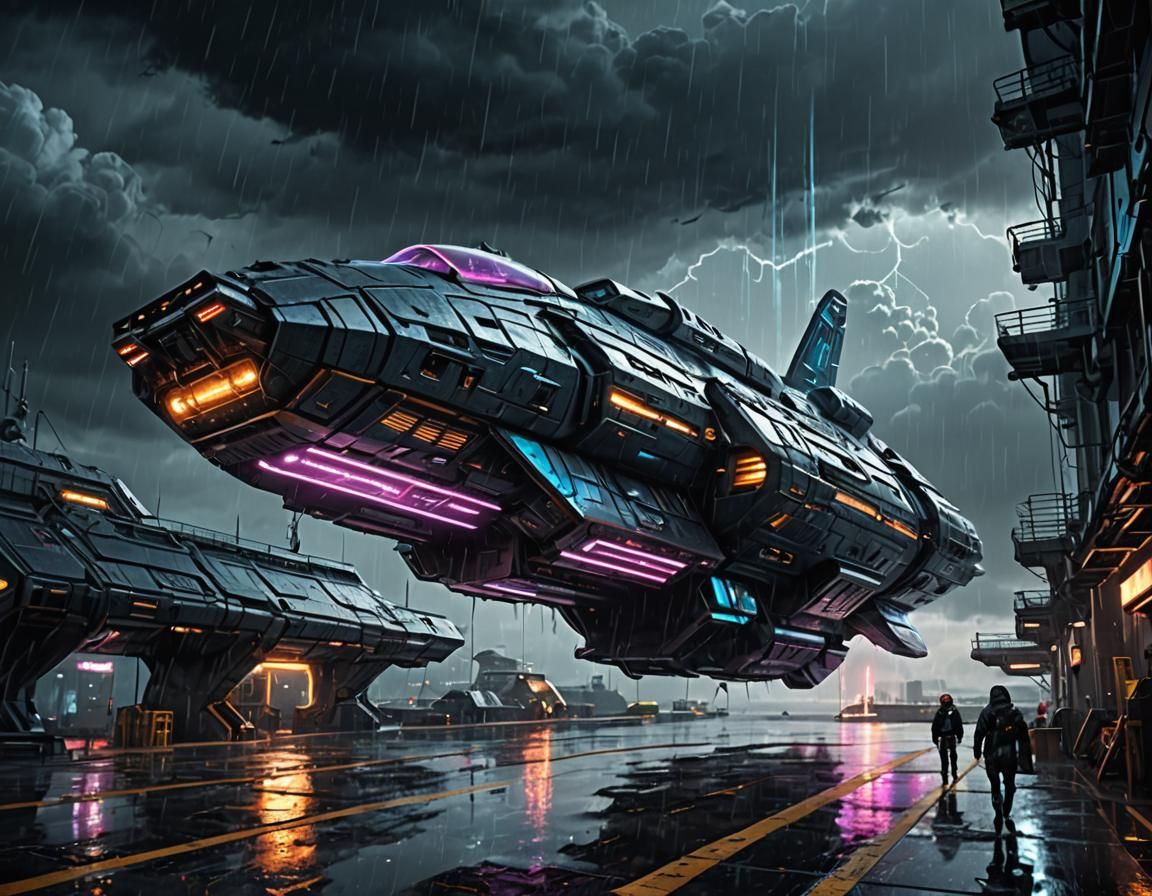 Sci-Fi Spaceship Departs Futuristic Dock on Stormy Day