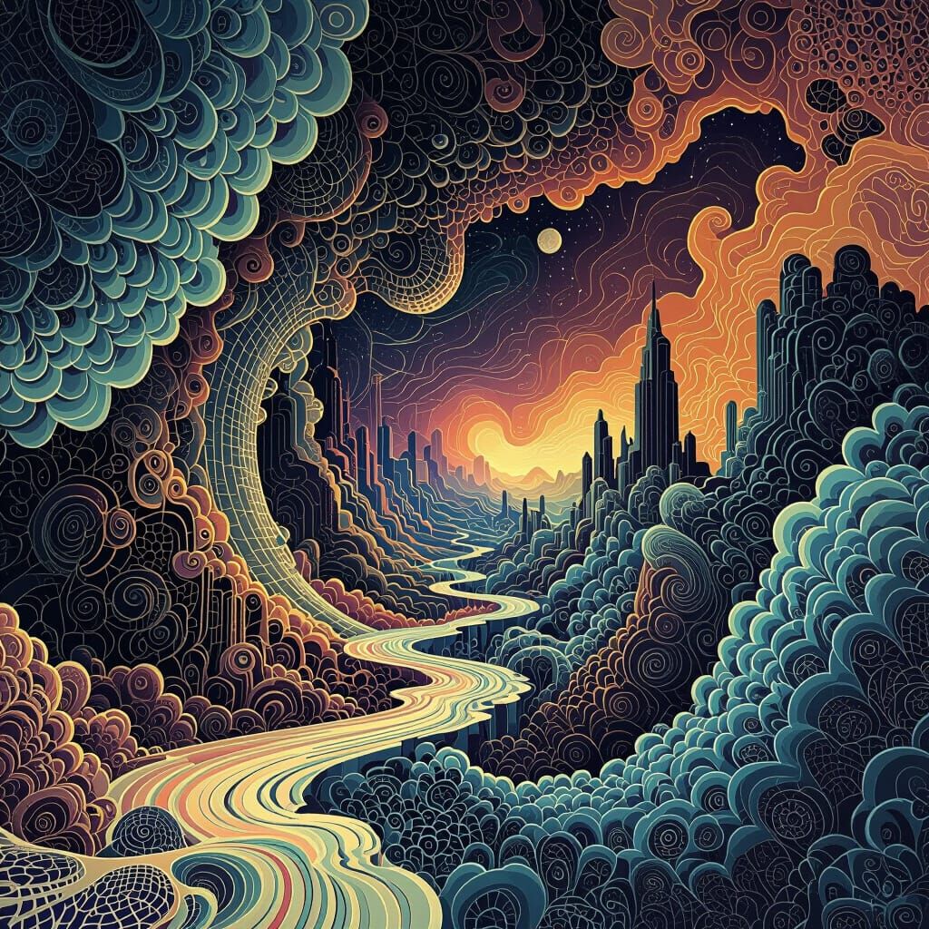 Intricate Fantasy Realm with Abstract Vector Patterns