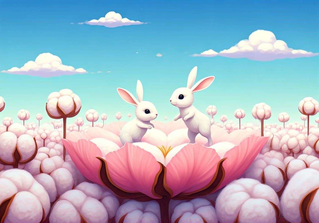 Whimsical White Rabbits Frolic on Delicate Pink Cotton Bloom...