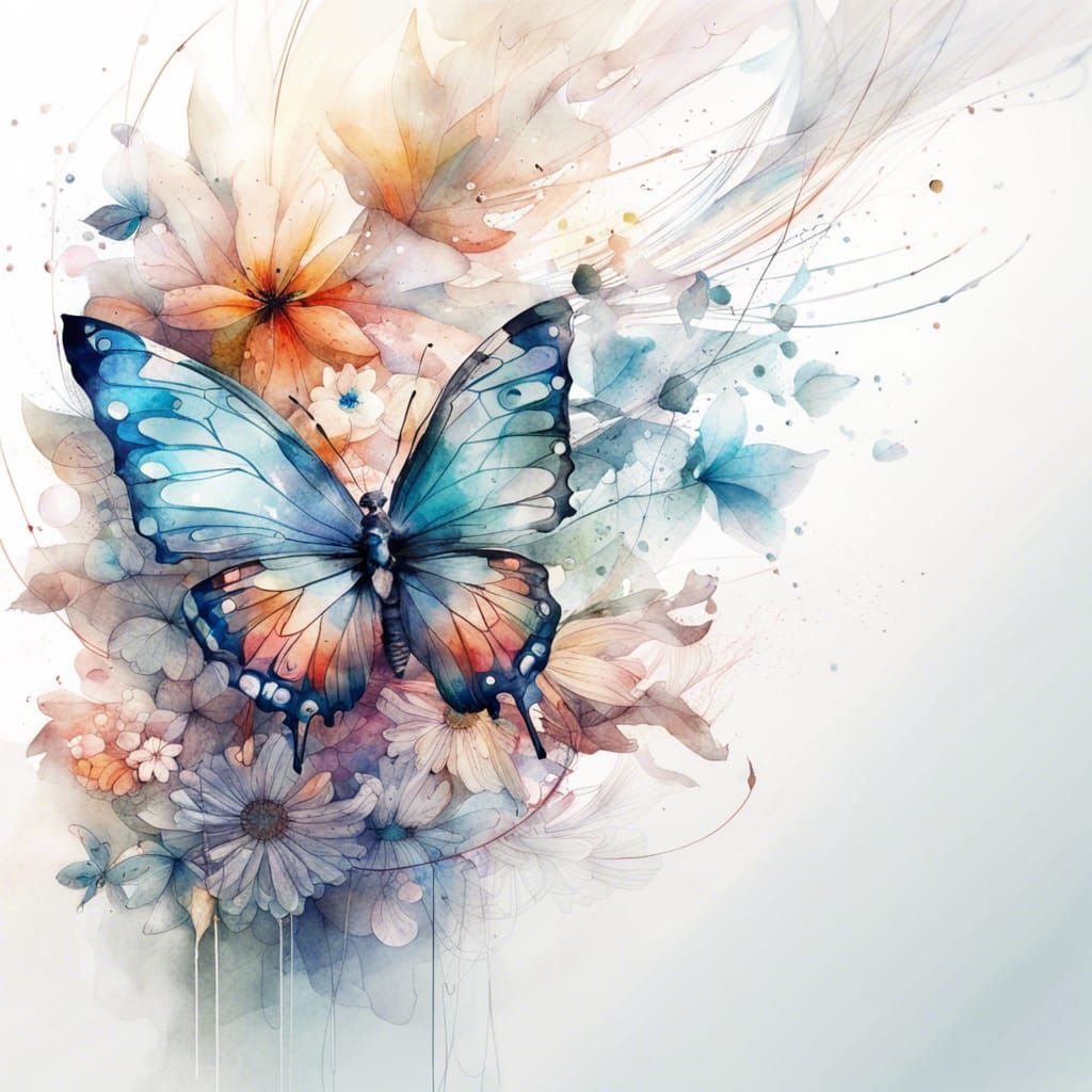 Watercolor Butterfly Over Flower, Abstract Shading