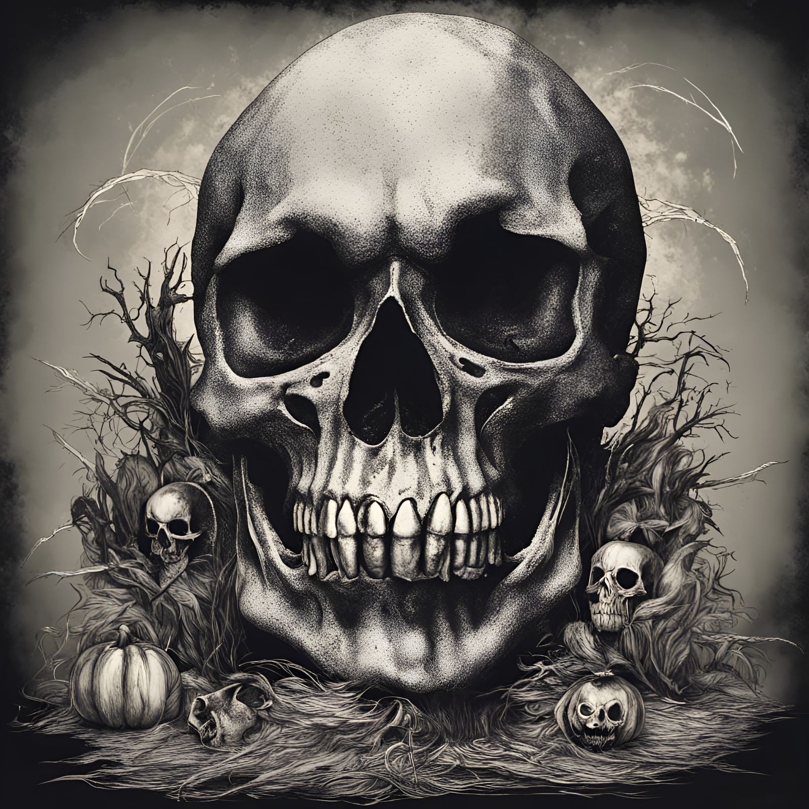 Eerie Halloween Scene with Large Skull