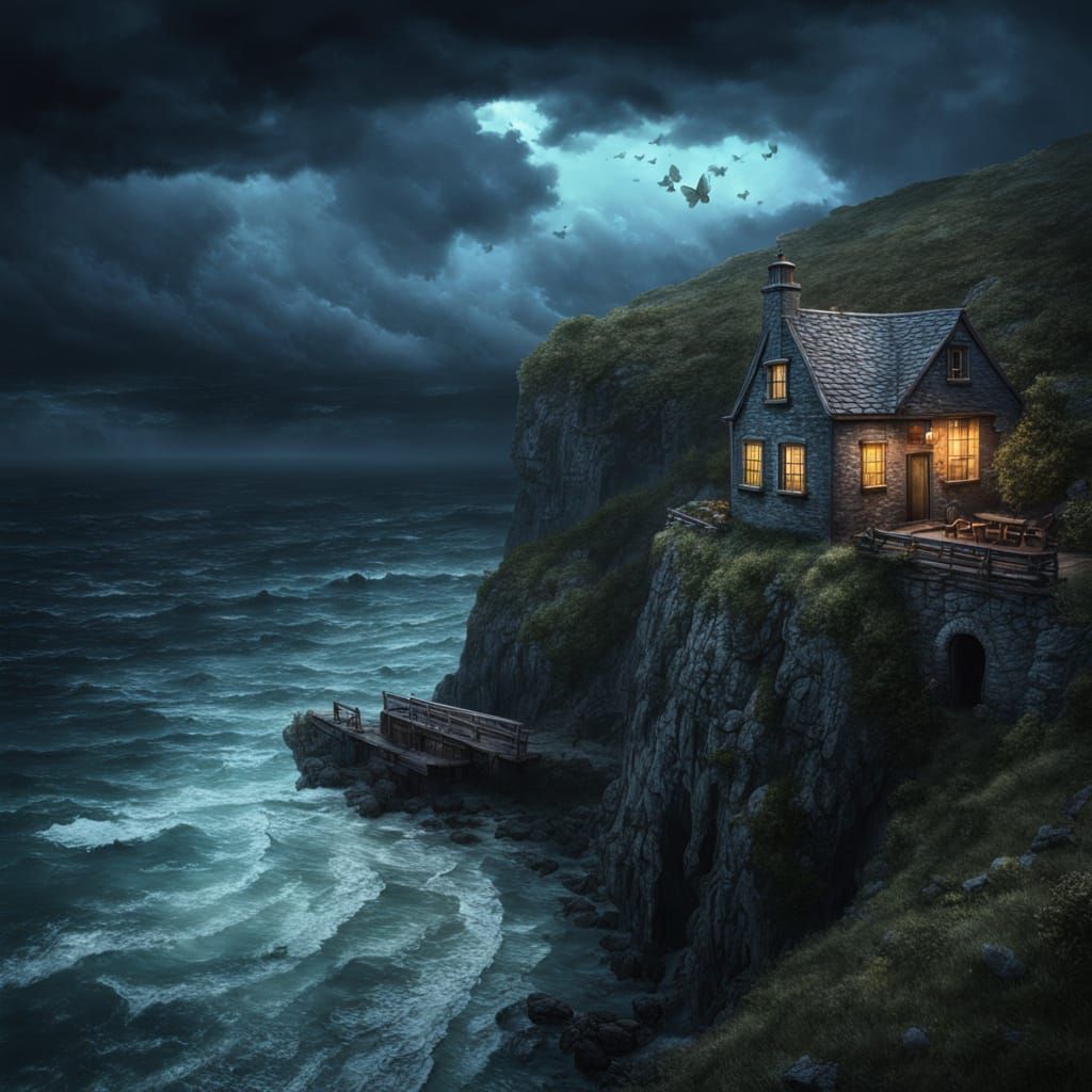 Weathered Tavern on Cliffside Overlooking Stormy Sea
