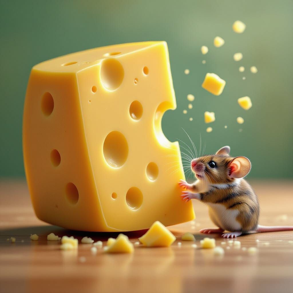 Cheese Rolls onto Mouse: Hyperreal Bright Colors