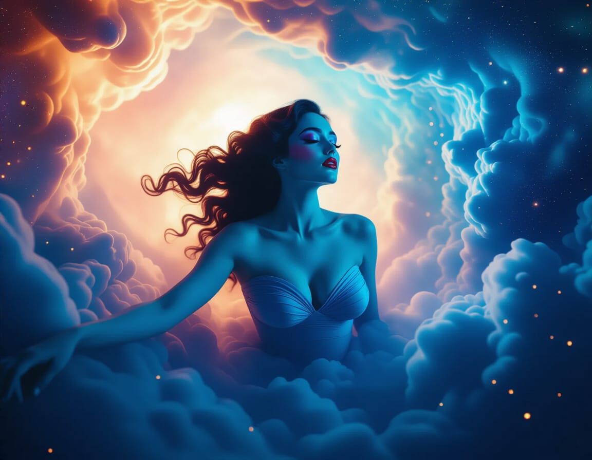 Surreal Blue Woman in Cosmic Nebula