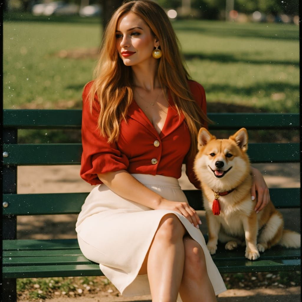Young Woman in Groovy Chic Style on Park Bench