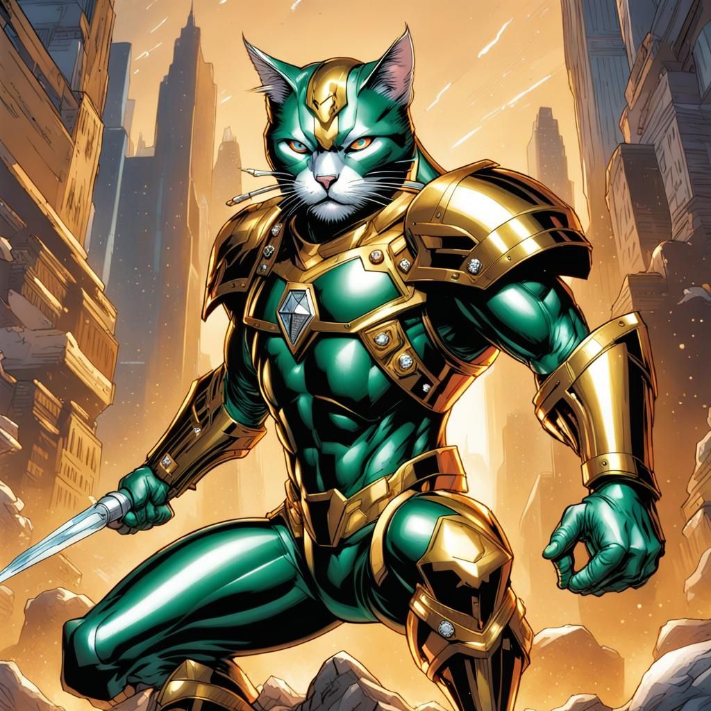 Armored Hero with Cyborg Cat, Comic Book Art