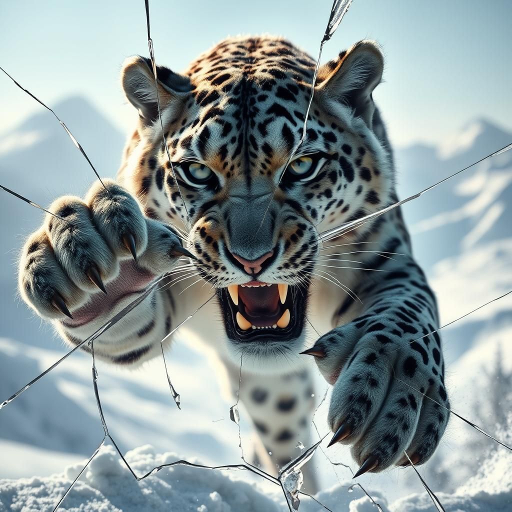 Snow Leopard Lunging Through Glass, Hyperrealistic Matte Pai...