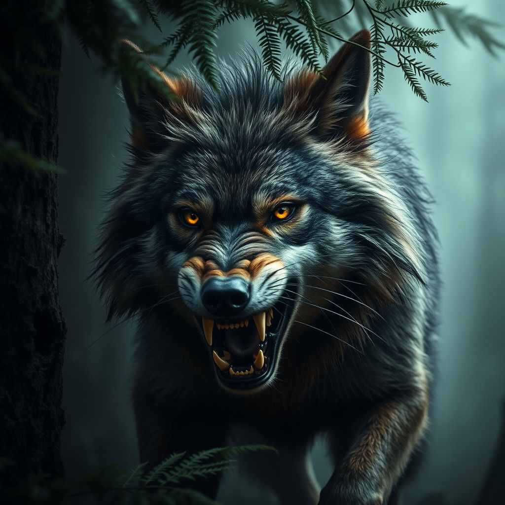 Hyperrealistic Wolf Bursting Through Misty Forest