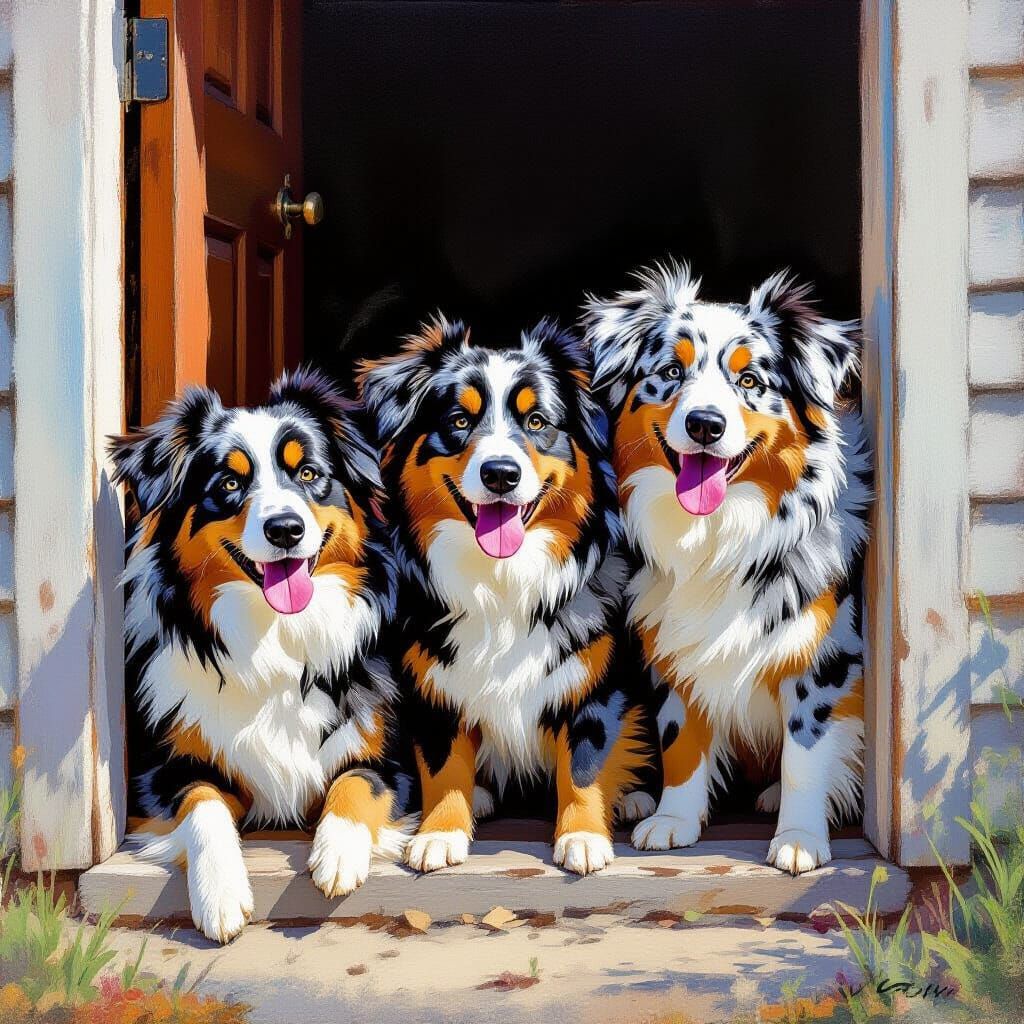 Three Australian Shepherds Emerge from Doorway in Impression...