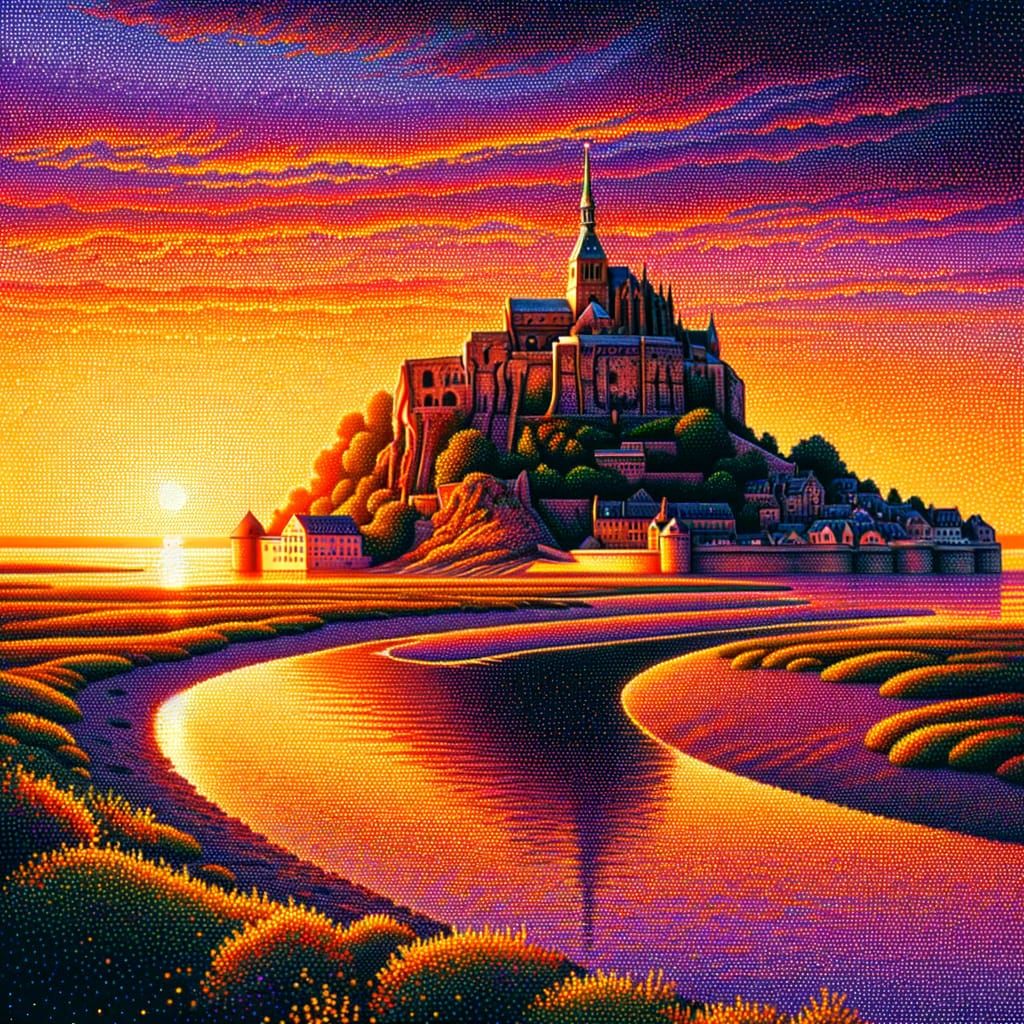 Mont Saint-Michel Sunset in Pointillist Style