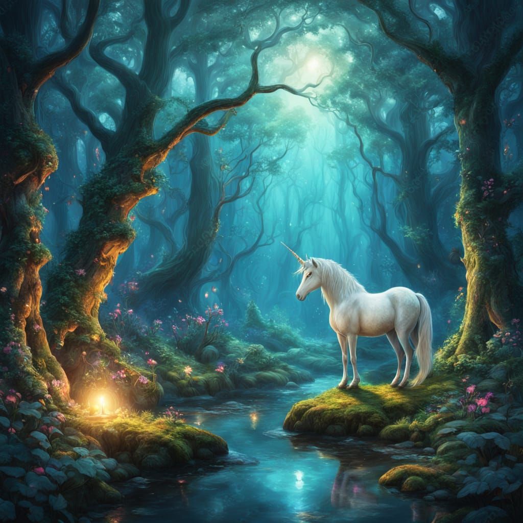 Whimsical Fantasy Forest with Ancient Trees and Magical Crea...