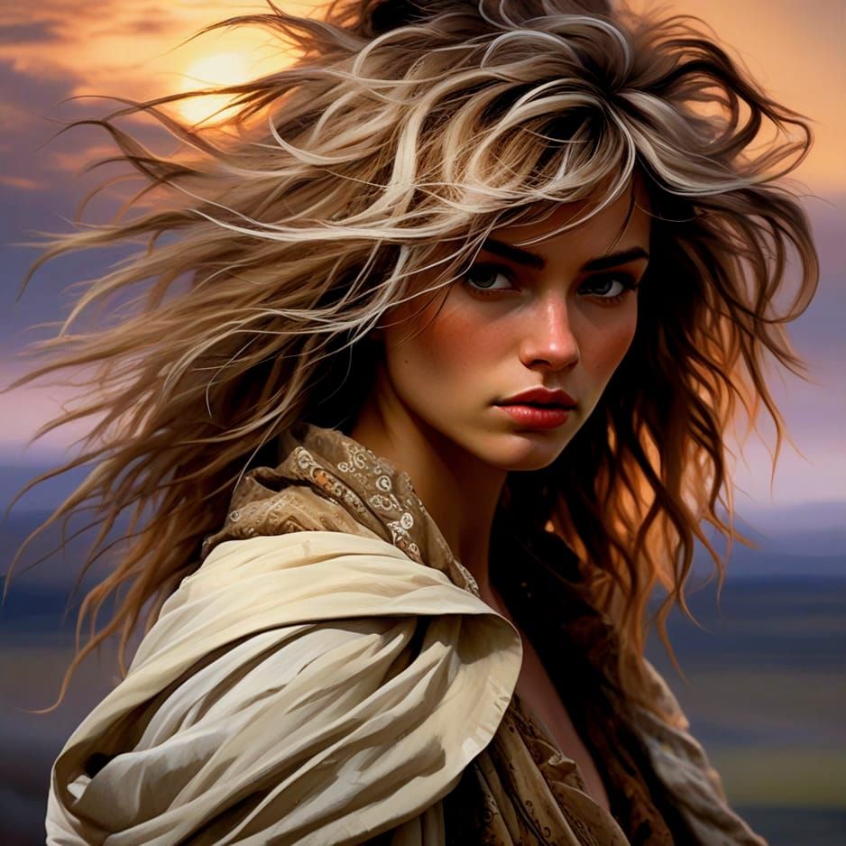 Glamorous Woman on Windswept Moor at Twilight