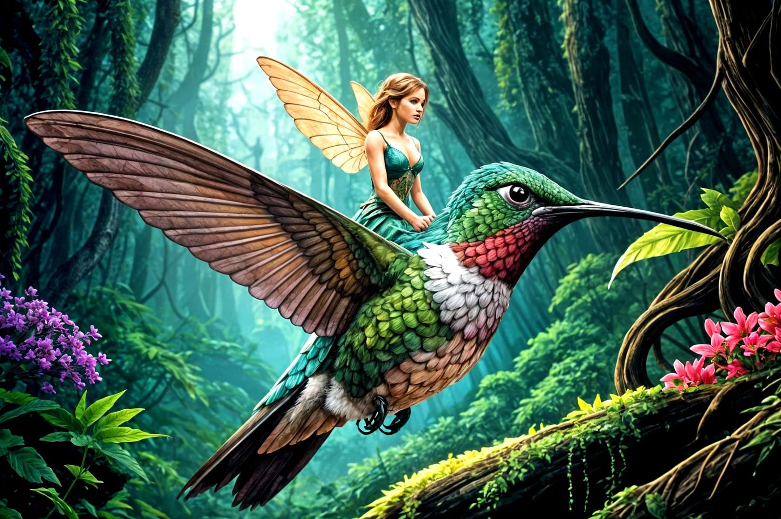 Fairy riding hummingbird