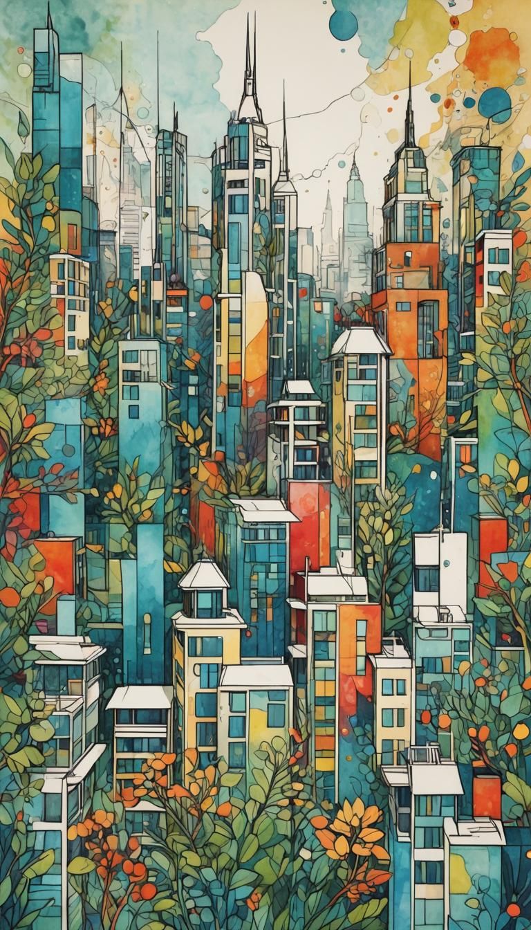 Surreal Futuristic Cityscape with Botanical Elements in Bauh...