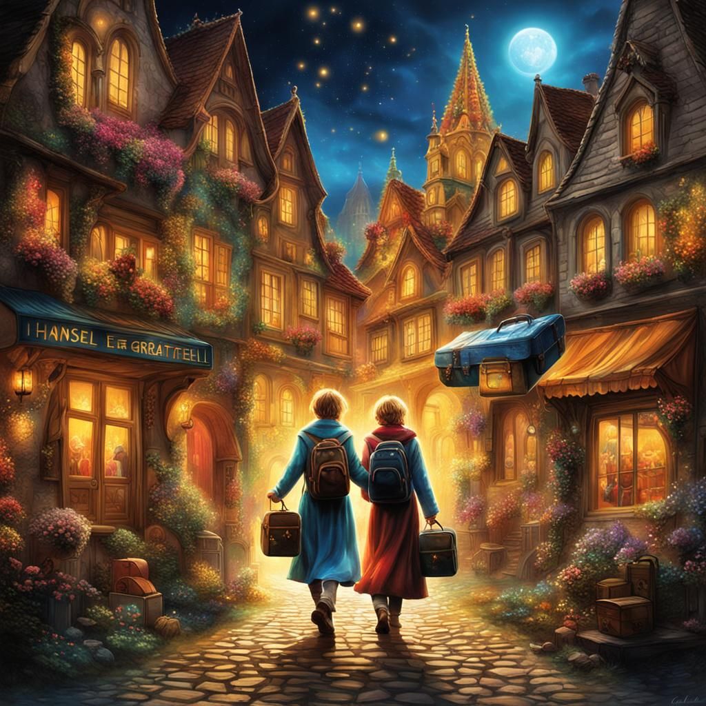 Hansel and Gretel Arrive in Bioluminescent City
