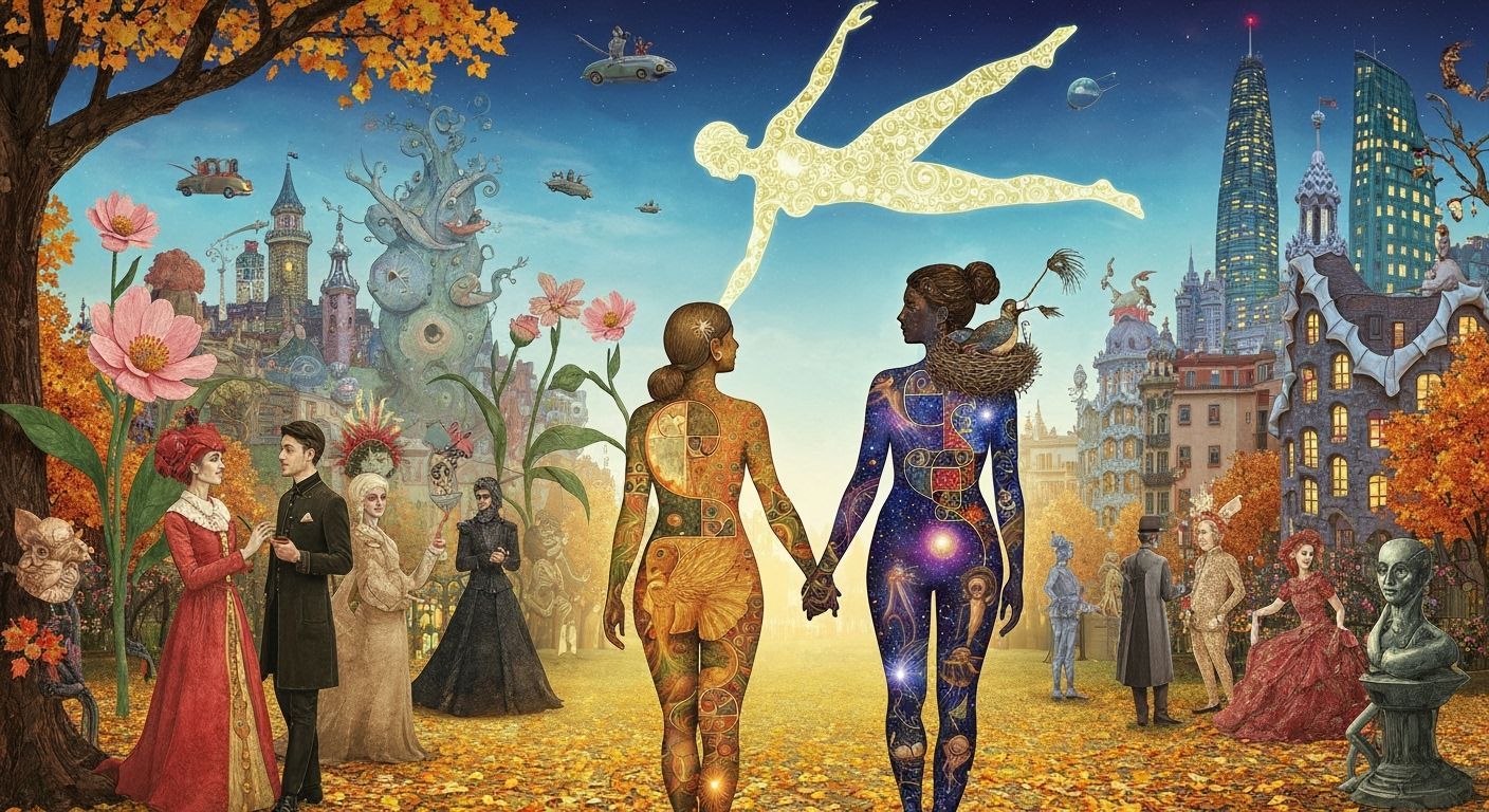 Couple in Mystical Park: Symbolic Dreamlike Art