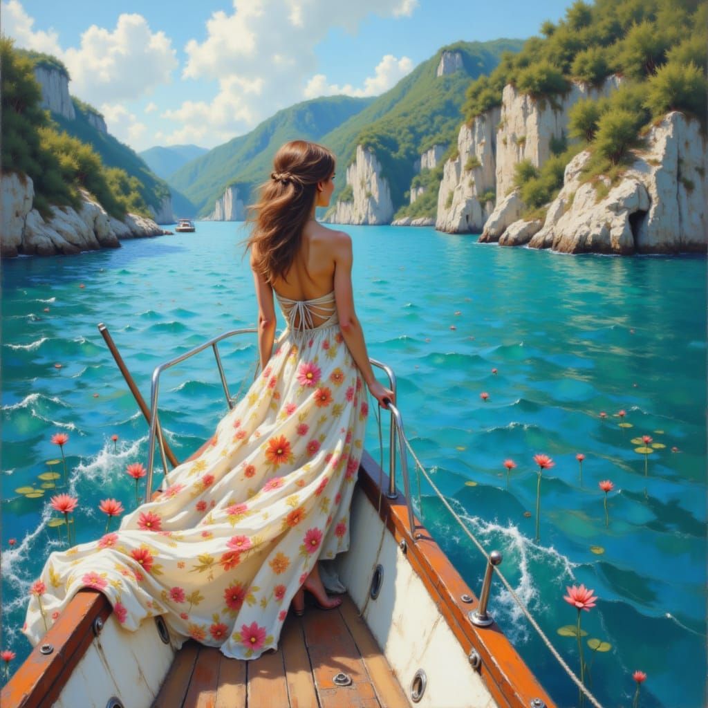 Woman Sailing Serene Ocean in Impasto Oil Painting Style
