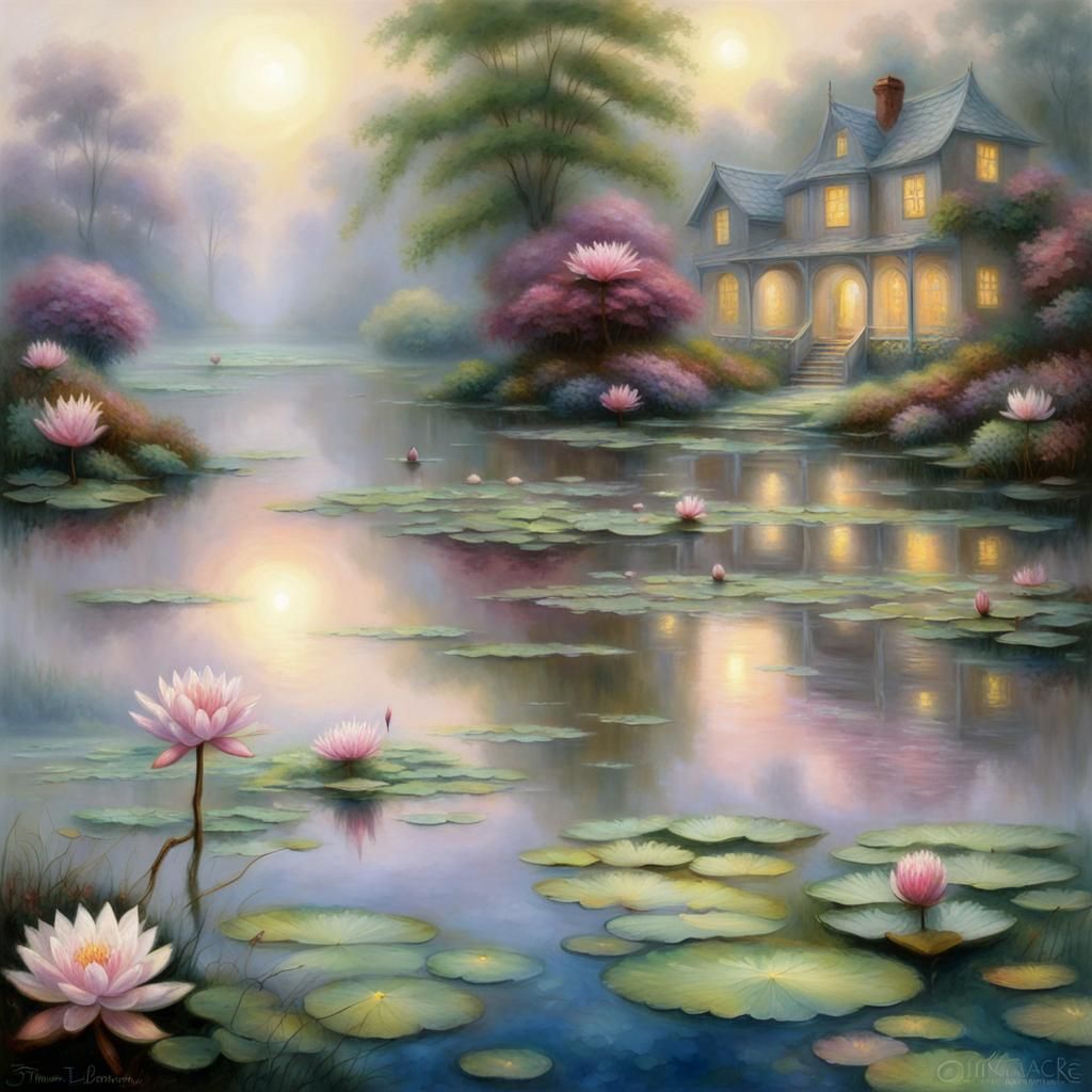 Ethereal Water Lilies in a Dreamlike Landscape