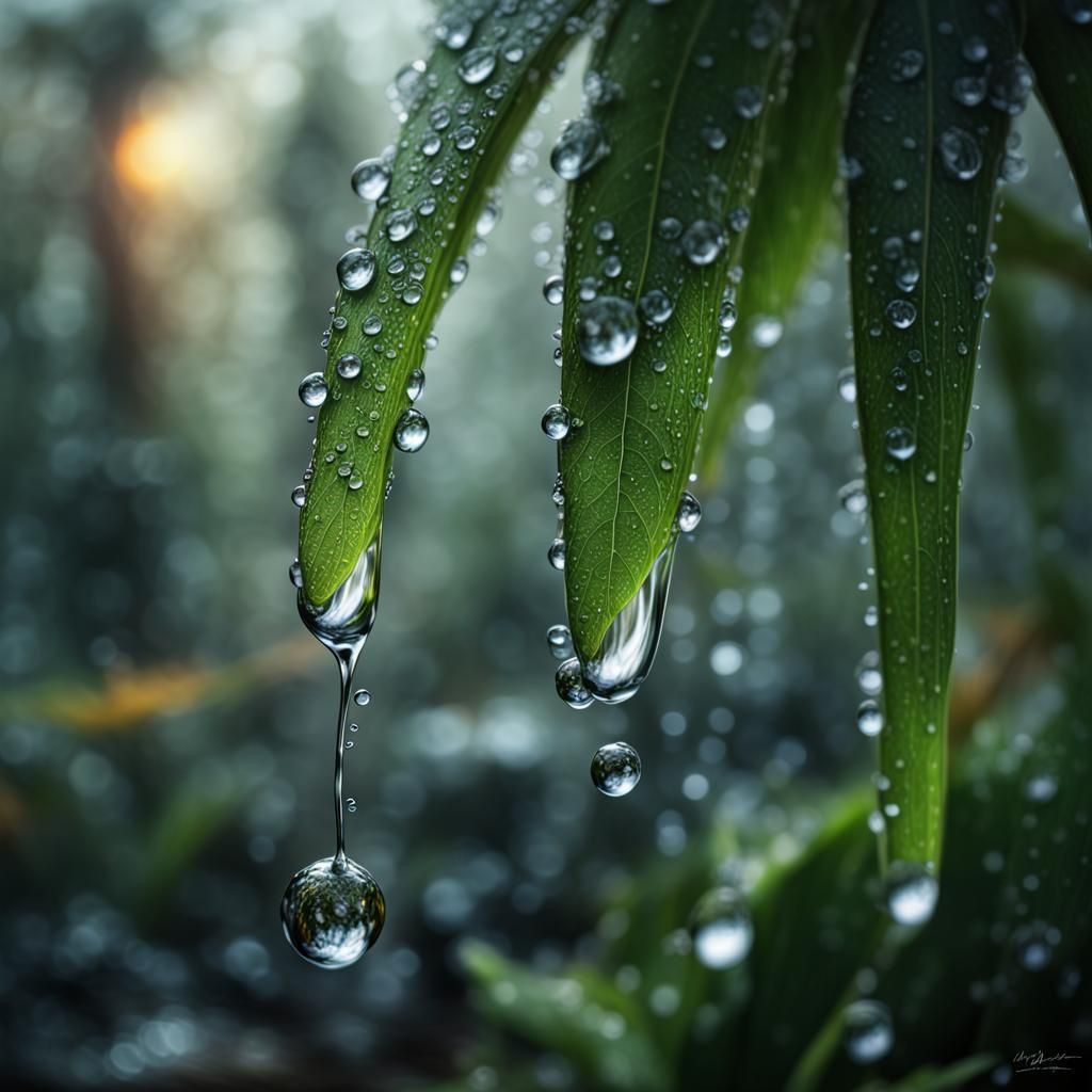 Hyperrealistic Fantasy Scene with Dew Fall