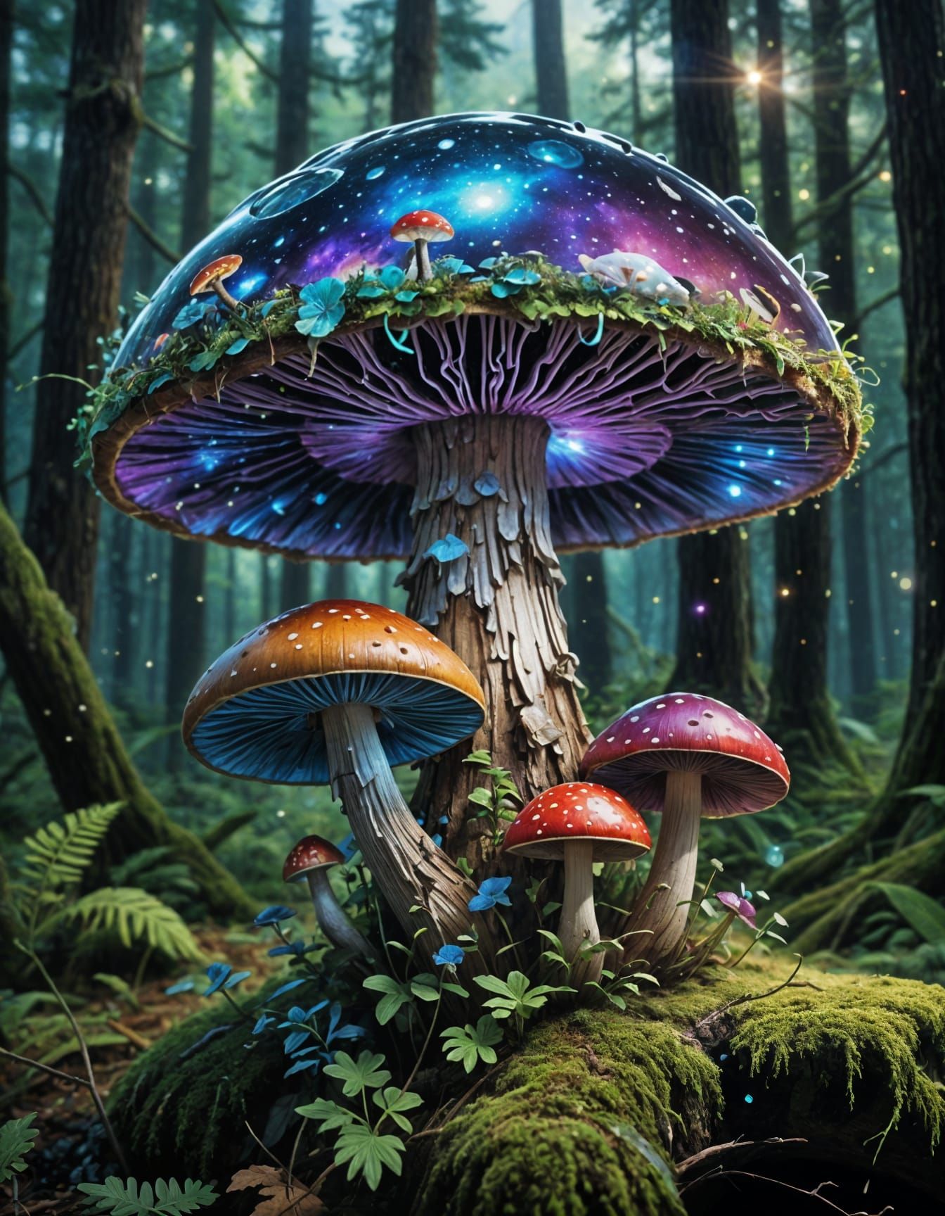 Cosmic Mushroom: Vibrant Forest Meets Galactic Dreams