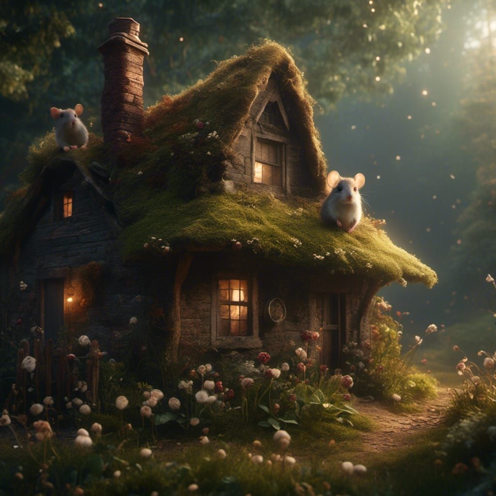 Two Adorable Mice in Cozy Woodland Cottage