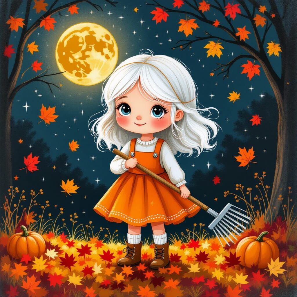 Chalk Art Girl in Orange Moonlight with Falling Leaves