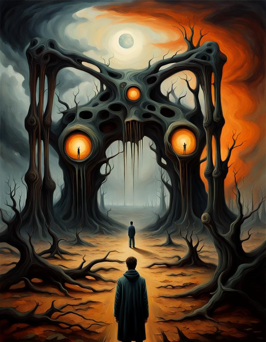 Surreal Figure in Post-Apocalyptic Landscape