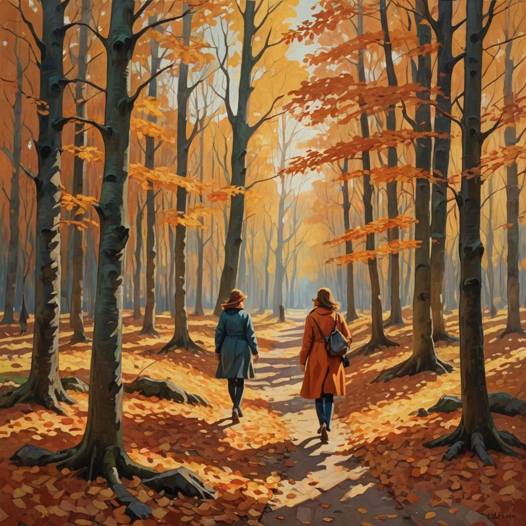 Autumnal Forest Walk in Post-Impressionist Style