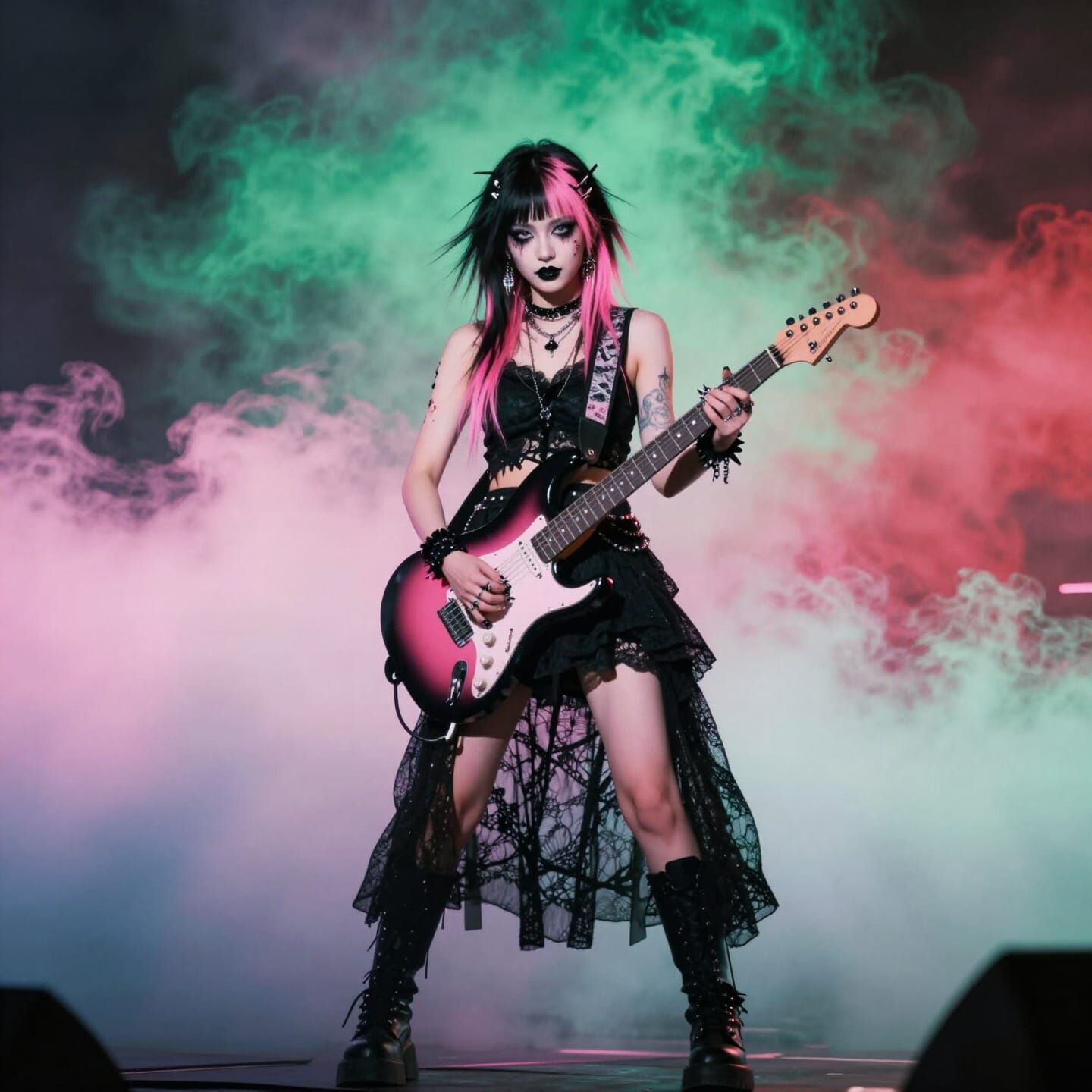 Punk Rock Singer with Pink Hair and Electric Guitar