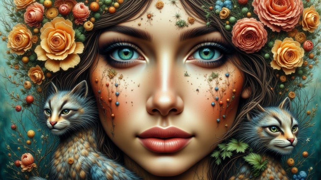 Dual Nature Woman Merged with Animals and Landscape