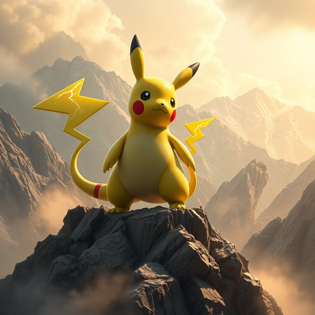 Majestic Pikachu-Lapras Fusion Pokémon Amidst Crumbling Moun...