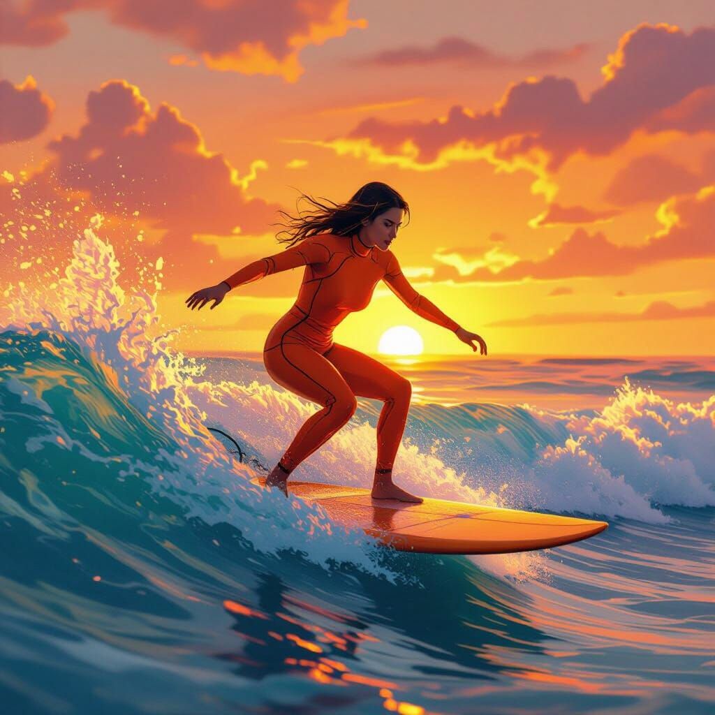 Surfer Girl Rides Sunset Wave in Futuristic Style