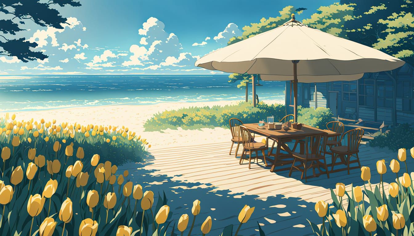 Whimsical Beach Oasis in Soft Golden Light