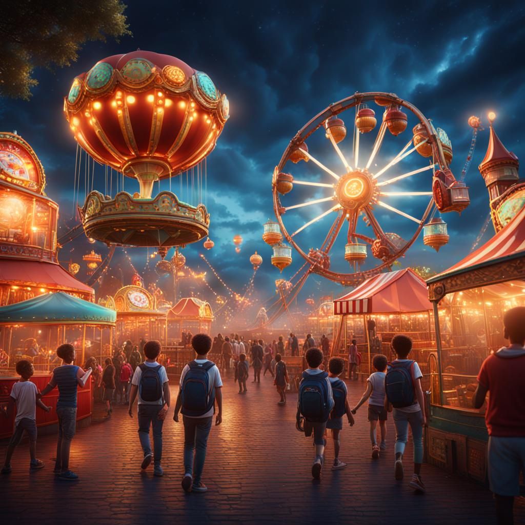 Festive School Fun Fair in Detailed Matte Painting Style