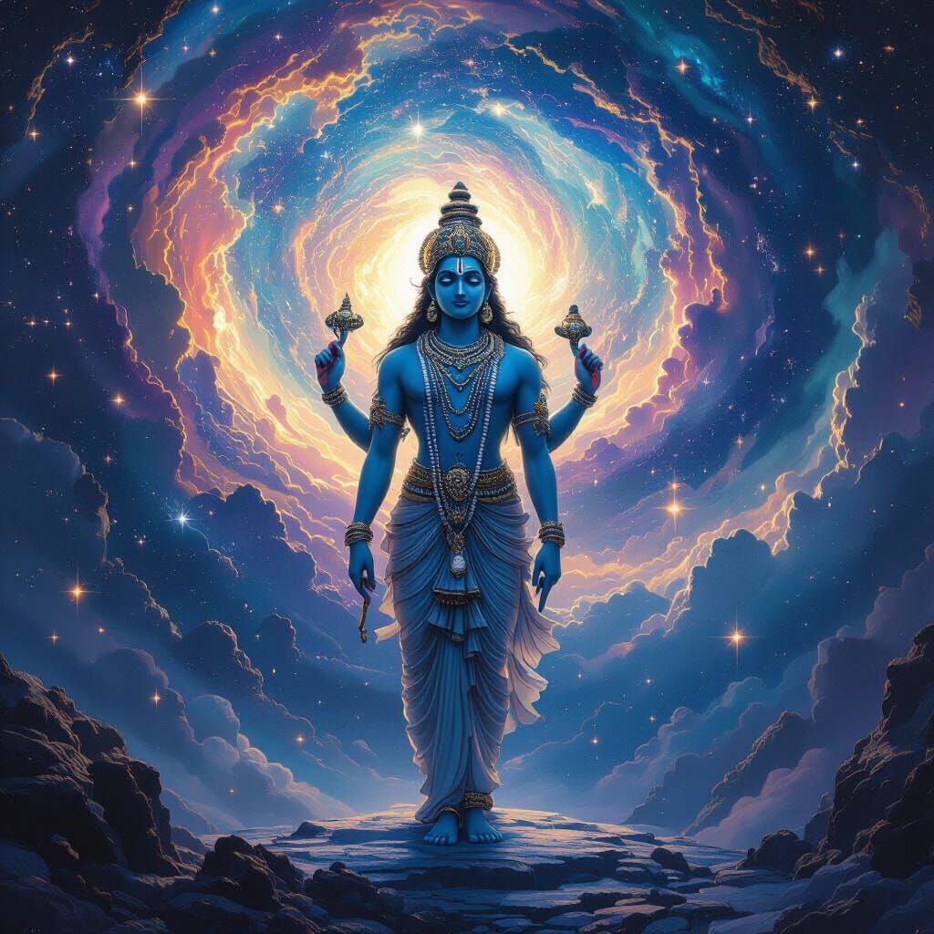 Vishnu Bhagwan Surrounded by a Swirling Galaxy