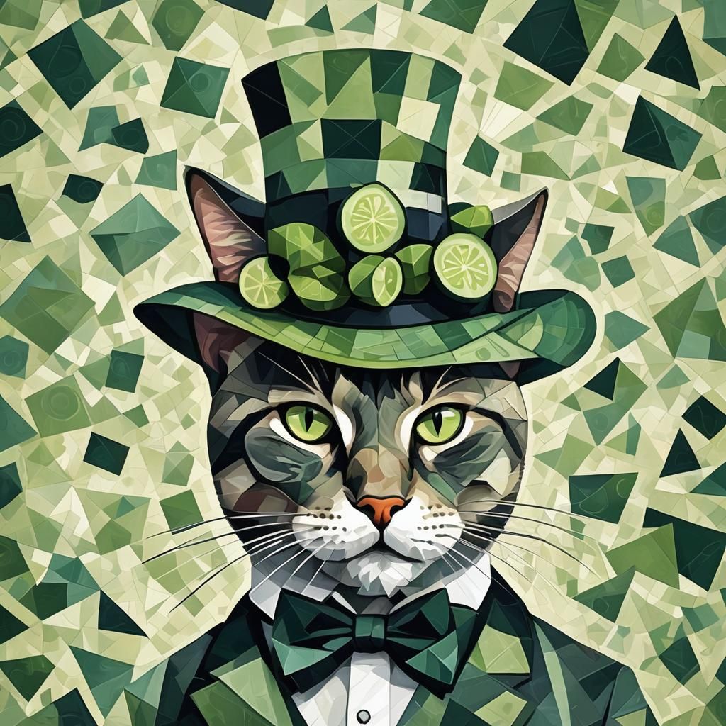 Cat in Cucumber Hat: A Cubist Art Deco Painting