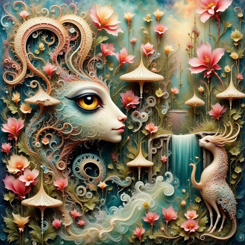 Surreal Robot and Owl-Goat in Abstract Landscape