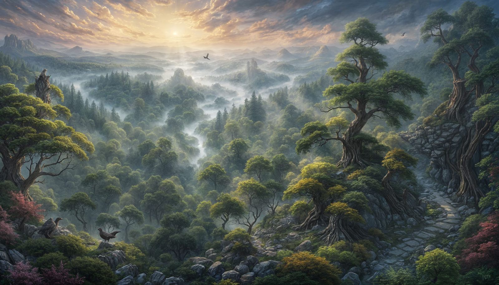 Ethereal Forest Viewed from Above, Kinkade Style
