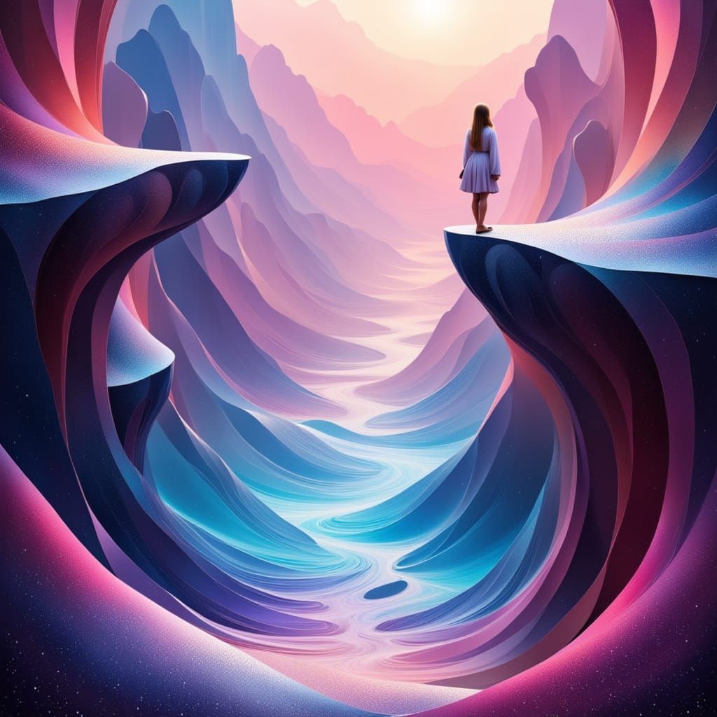 Woman on Geometric Cliffs Overlooking Swirling Ocean