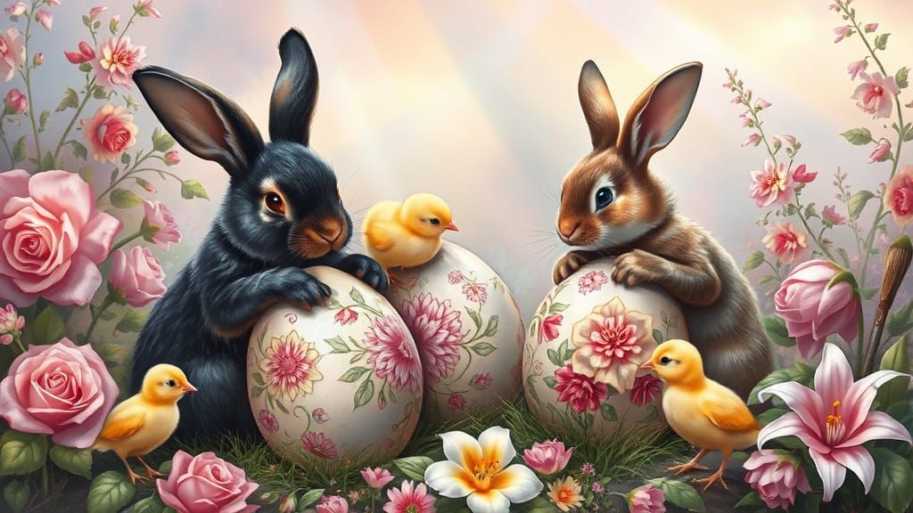 Rabbits Painting Easter Eggs in Fantasy Landscape