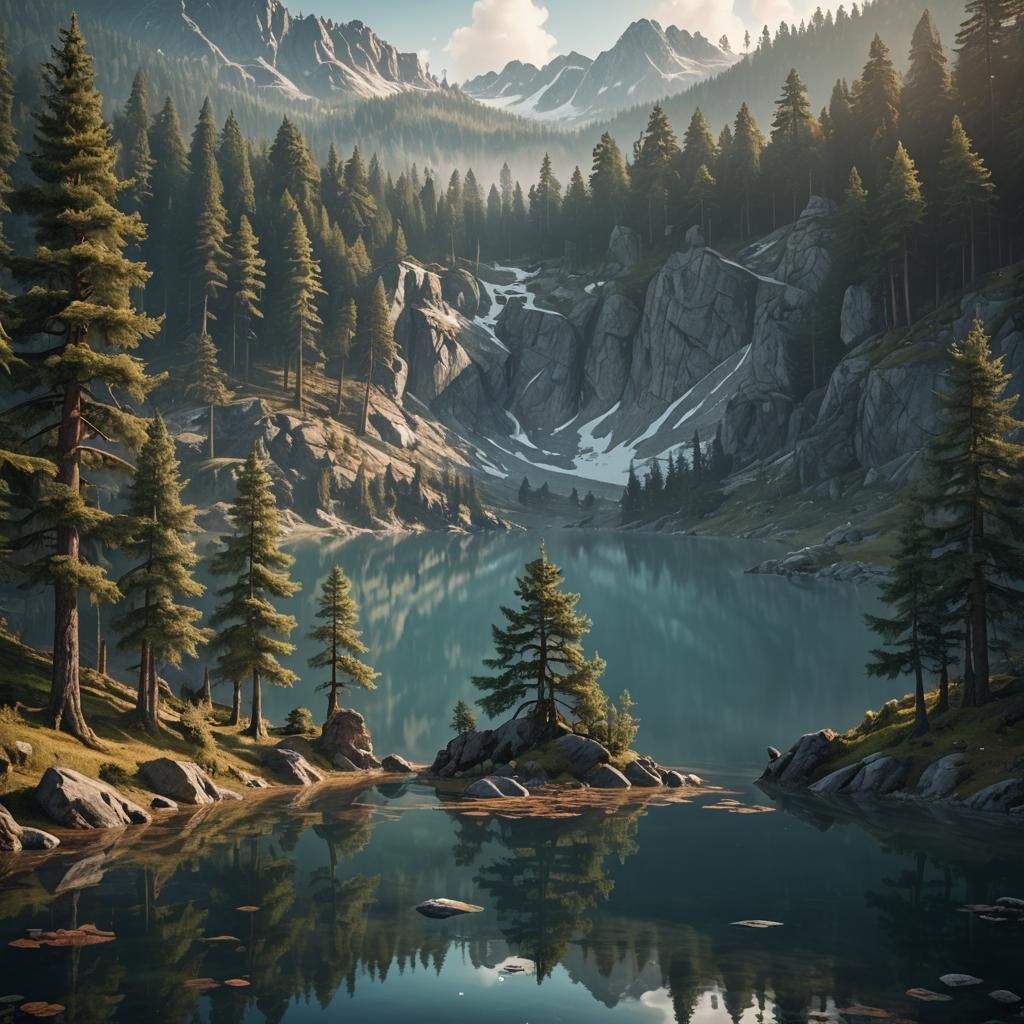 Majestic Mountain Lake: Fantasy Landscape in Baroque Style