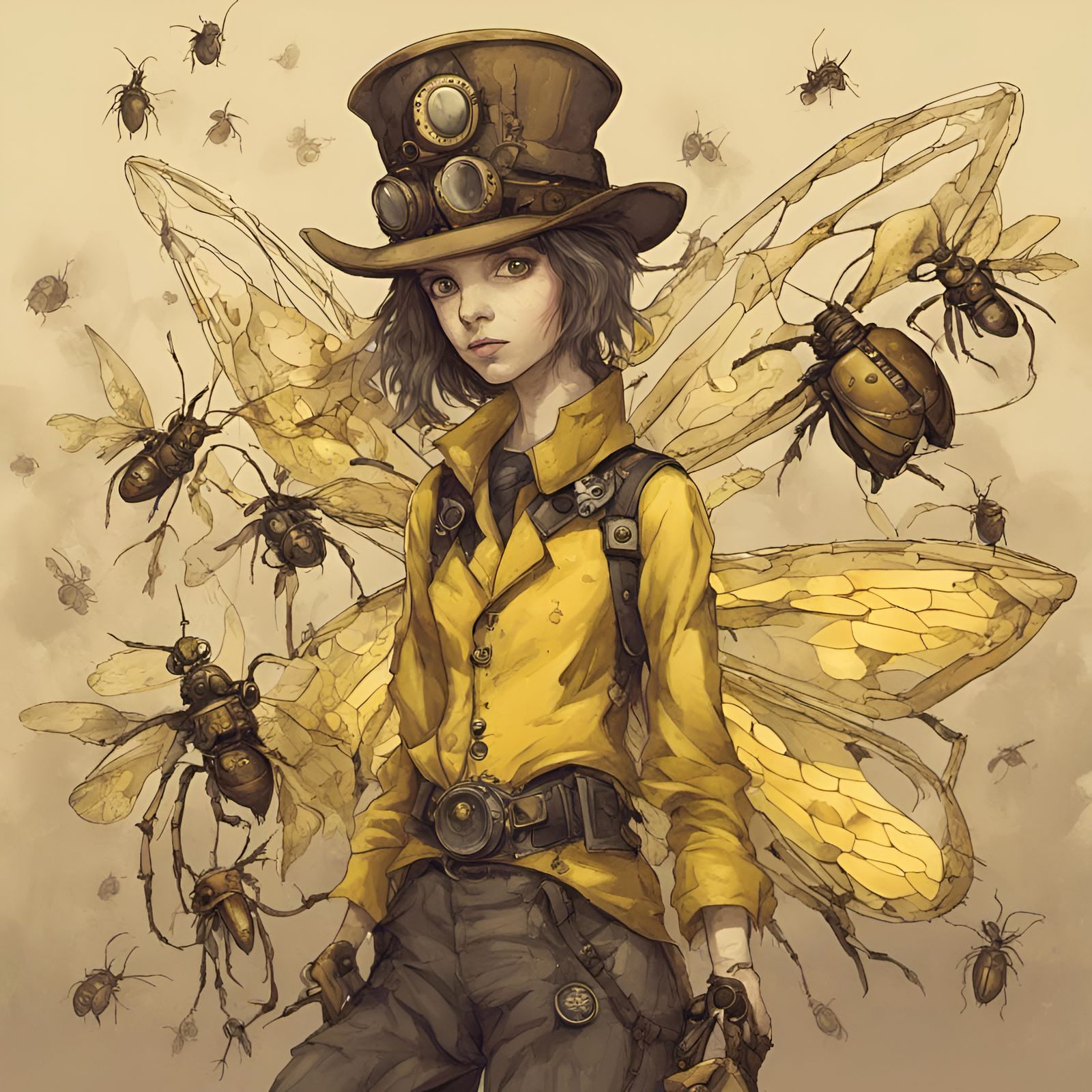 Steampunk Insect Creature in Yellow and Bronze