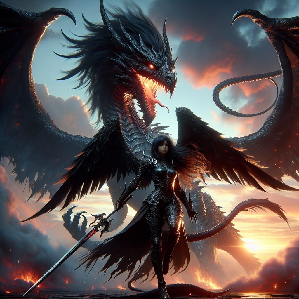Angel Warrior Riding a Black Dragon